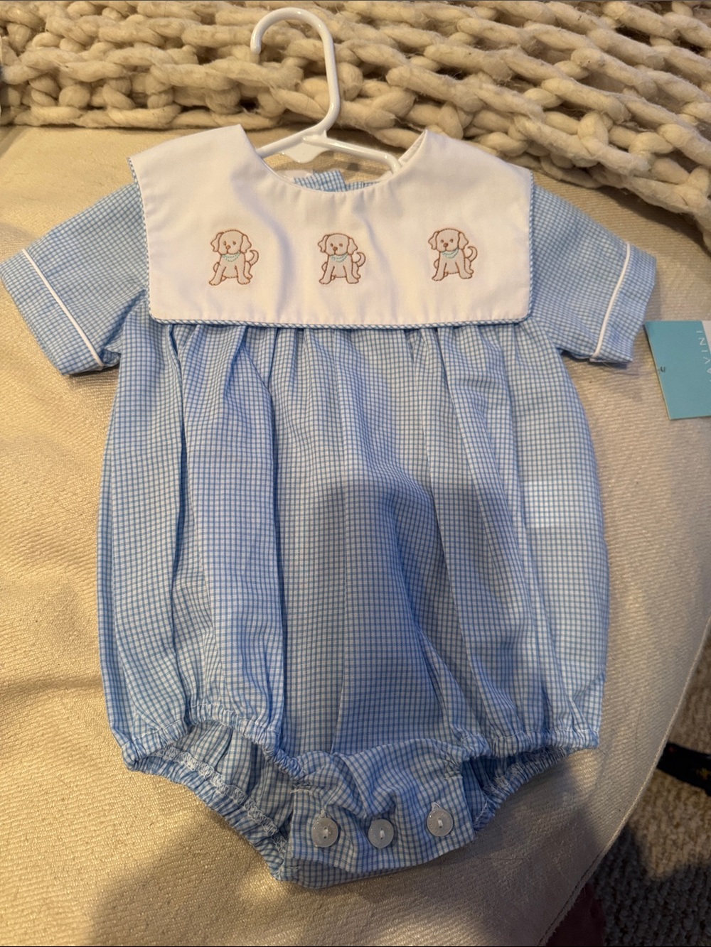Blue Gingham Puppy Bubble One-Piece for Kids